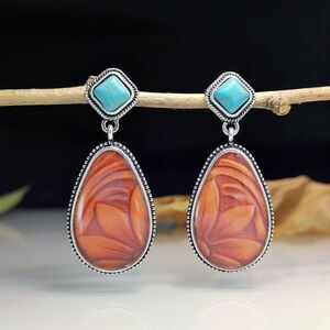 Bohemian Teardrop Stud Dangle Earrings Faux Turquoise Orange Hawaiian Flower